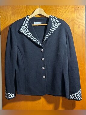 St. John Evening Black Knit Sweater with White Leaf Embroidery, Size 14